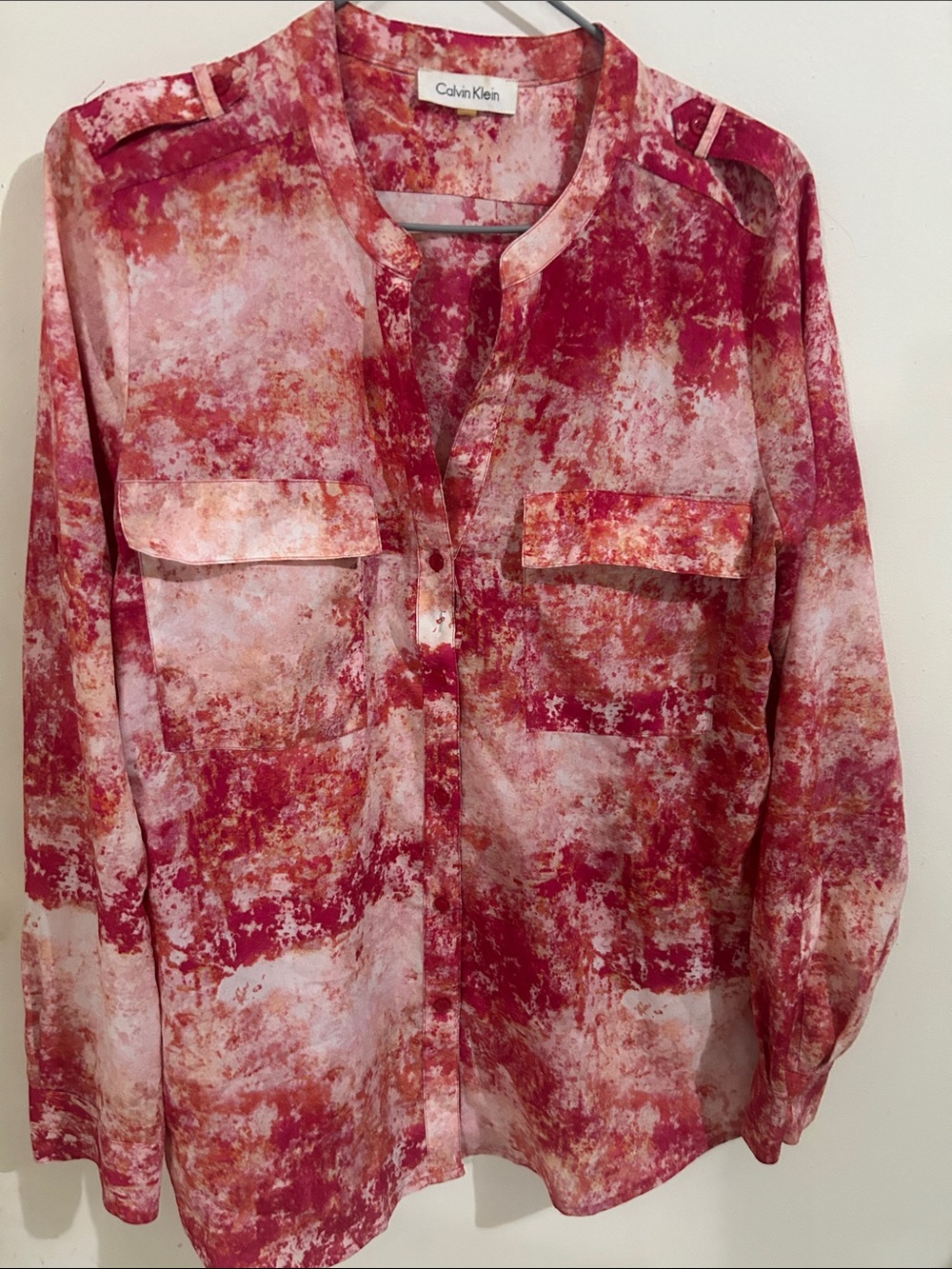 Calvin Klein Pink and Red Abstract Print Button-Front Blouse